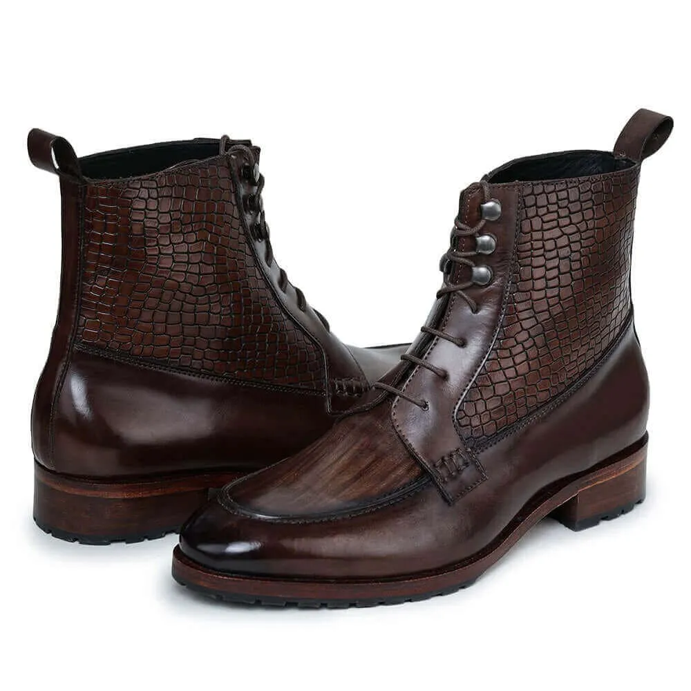 7 CM / 2.76 Inches Taller - CMR CHAMARIPA Height Increasing Elevator Boots - Handcrafted Derby Lace Up Boots - Brown