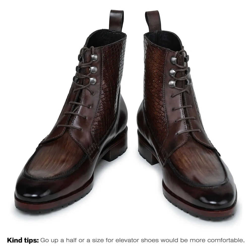 7 CM / 2.76 Inches Taller - CMR CHAMARIPA Height Increasing Elevator Boots - Handcrafted Derby Lace Up Boots - Brown