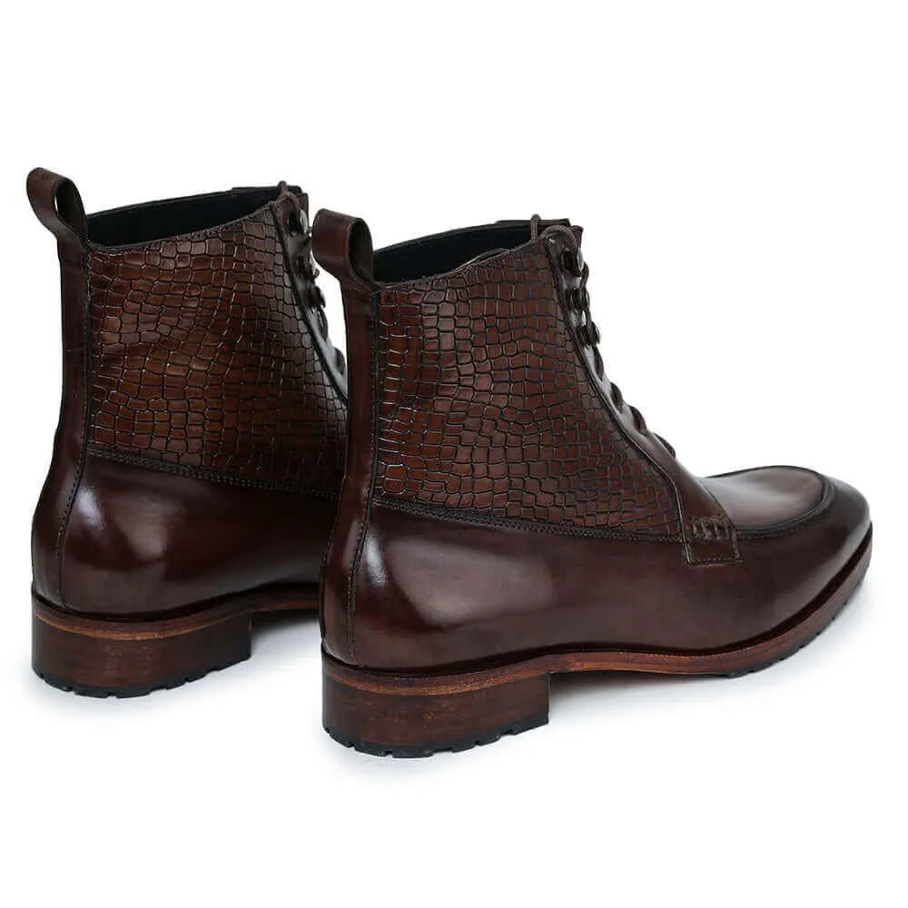 7 CM / 2.76 Inches Taller - CMR CHAMARIPA Height Increasing Elevator Boots - Handcrafted Derby Lace Up Boots - Brown