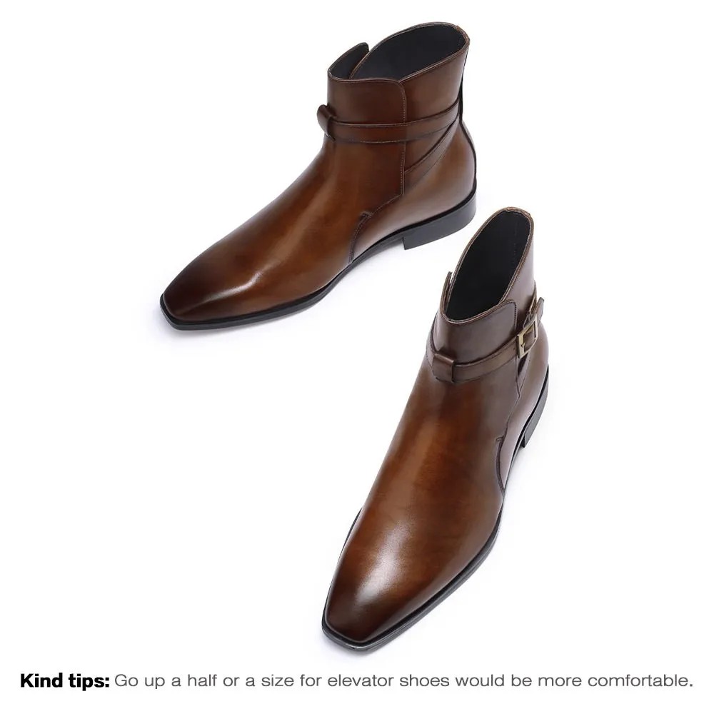 7CM / 2.76 Inches CMR CHAMARIPA Brown Leather Dress Boots - Elevate Your Style with Height-Boosting Men's Boots