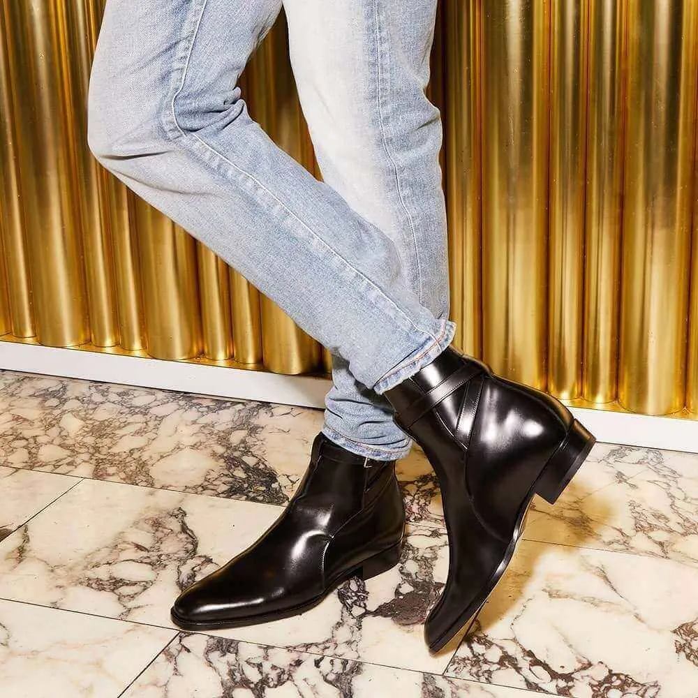 7CM / 2.76 Inches - CMR CHAMARIPA Extra Heightening Shoes Elevate Vintage Black Leather Ankle Wrap Boots