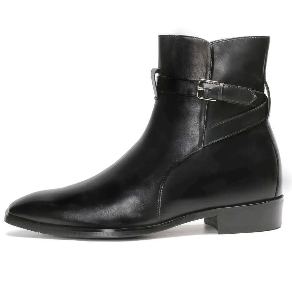 7CM / 2.76 Inches - CMR CHAMARIPA Extra Heightening Shoes Elevate Vintage Black Leather Ankle Wrap Boots
