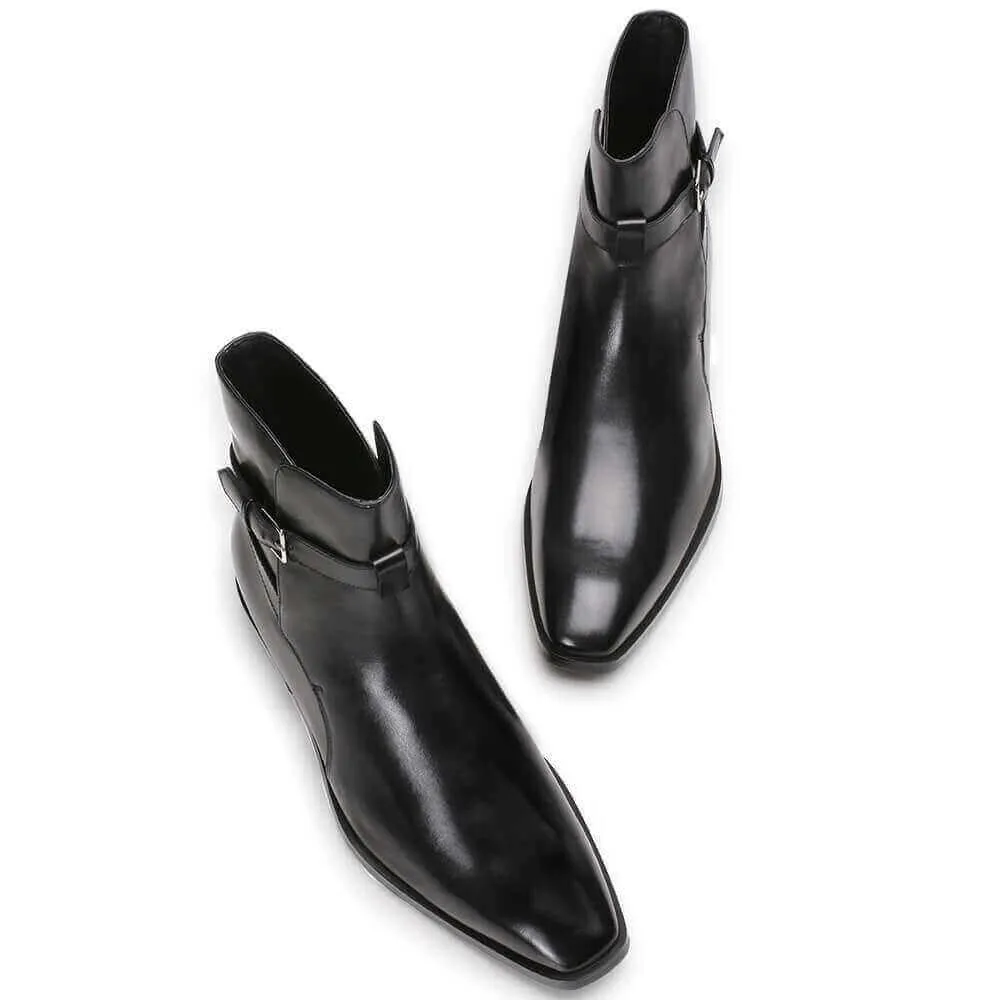 7CM / 2.76 Inches - CMR CHAMARIPA Extra Heightening Shoes Elevate Vintage Black Leather Ankle Wrap Boots