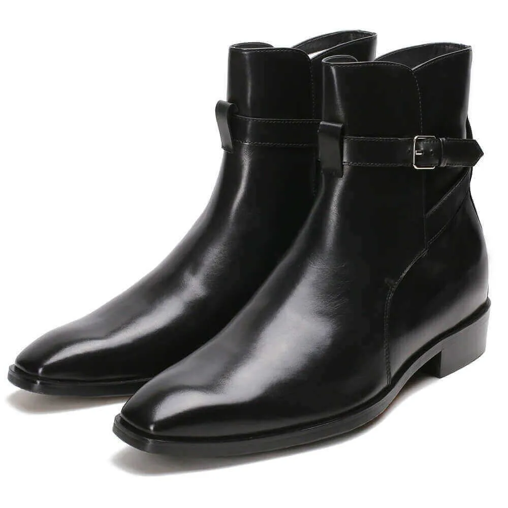 7CM / 2.76 Inches - CMR CHAMARIPA Extra Heightening Shoes Elevate Vintage Black Leather Ankle Wrap Boots