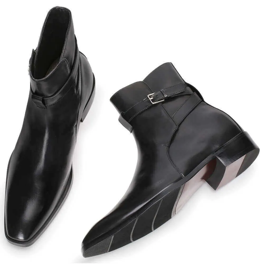7CM / 2.76 Inches - CMR CHAMARIPA Extra Heightening Shoes Elevate Vintage Black Leather Ankle Wrap Boots