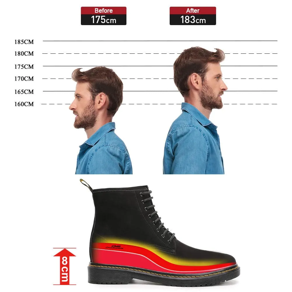 8CM / 3.15 Inches - CMR CHAMARIPA Height Increasing Elevator Boots Water Resistant Black Nubuck Leather Boots That Make You Taller