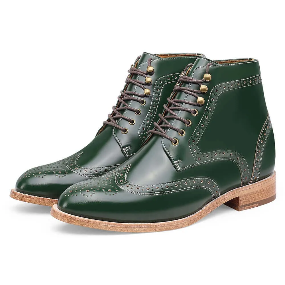 9CM / 3.54 Inches - CMR CHAMARIPA Shell Cordovan Height Increasing Shoes - Green Brogue Tall Men Boots - Men's Handmade Wing Tip Boots