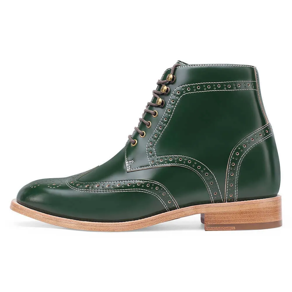 9CM / 3.54 Inches - CMR CHAMARIPA Shell Cordovan Height Increasing Shoes - Green Brogue Tall Men Boots - Men's Handmade Wing Tip Boots