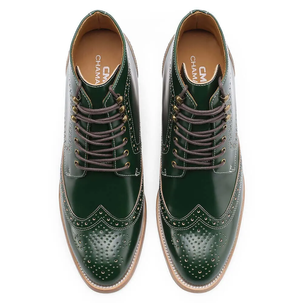 9CM / 3.54 Inches - CMR CHAMARIPA Shell Cordovan Height Increasing Shoes - Green Brogue Tall Men Boots - Men's Handmade Wing Tip Boots