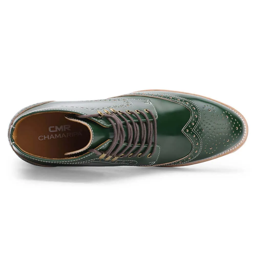 9CM / 3.54 Inches - CMR CHAMARIPA Shell Cordovan Height Increasing Shoes - Green Brogue Tall Men Boots - Men's Handmade Wing Tip Boots
