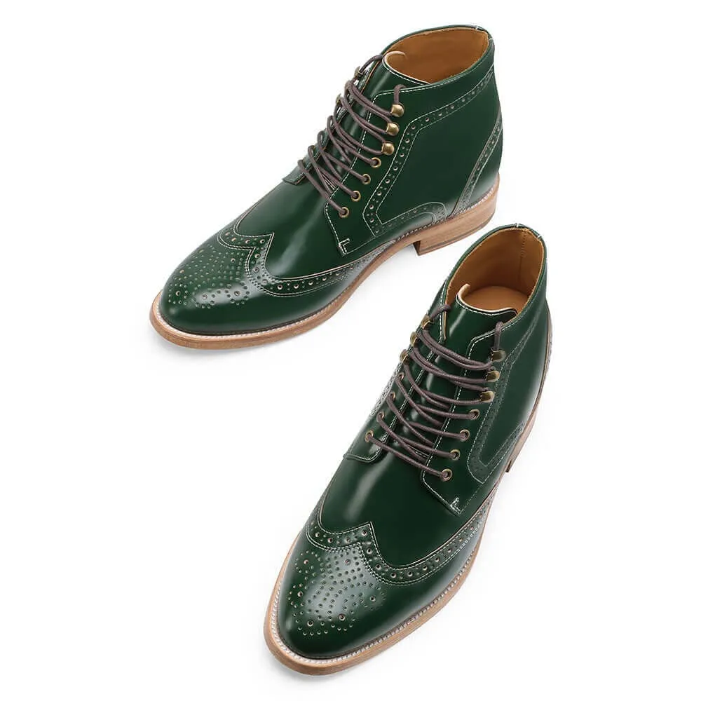 9CM / 3.54 Inches - CMR CHAMARIPA Shell Cordovan Height Increasing Shoes - Green Brogue Tall Men Boots - Men's Handmade Wing Tip Boots