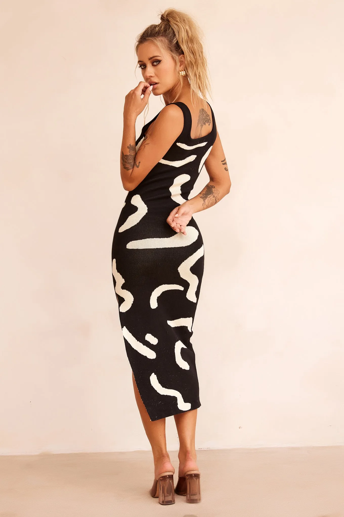 Attached Knit Midi Dress - Black