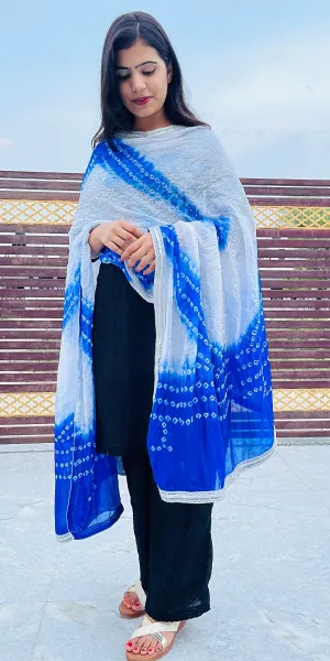 Blue and White Jaipur Bandhani Art Silk Dupatta Lightweight Tie Dye, With Lace