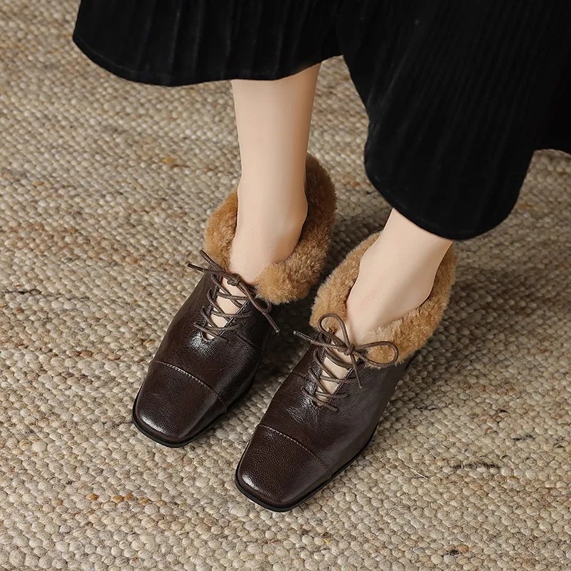 British Style Sheepskin Oxfords Shoes For Women with Wool Lined Block Heels in Coffee/Black