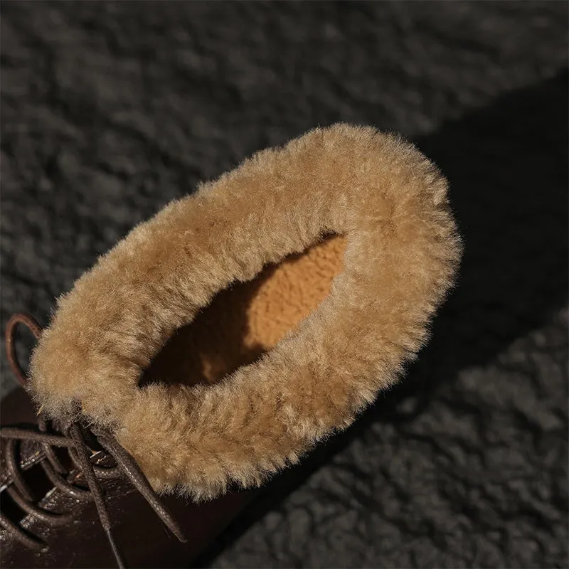 British Style Sheepskin Oxfords Shoes For Women with Wool Lined Block Heels in Coffee/Black