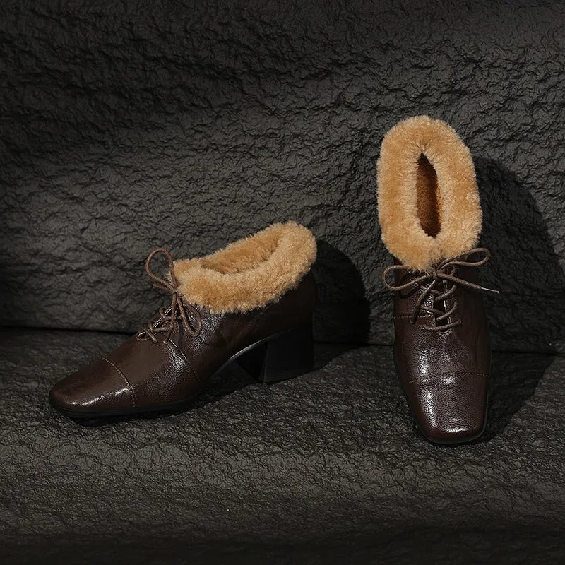 British Style Sheepskin Oxfords Shoes For Women with Wool Lined Block Heels in Coffee/Black