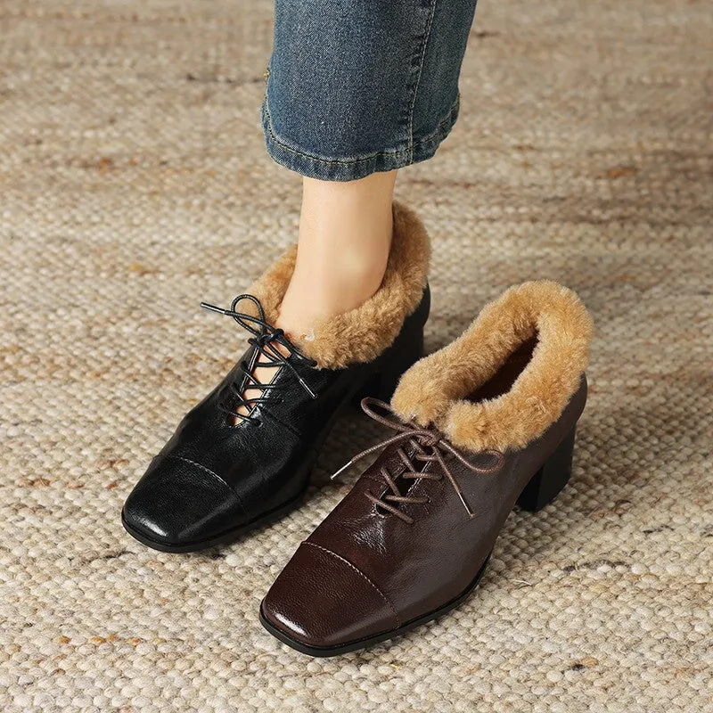 British Style Sheepskin Oxfords Shoes For Women with Wool Lined Block Heels in Coffee/Black