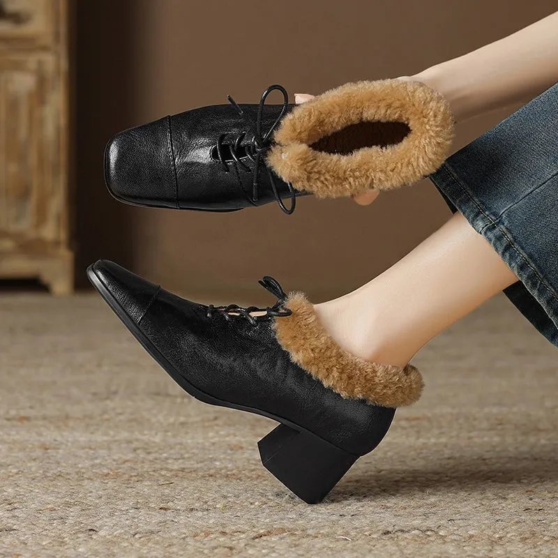 British Style Sheepskin Oxfords Shoes For Women with Wool Lined Block Heels in Coffee/Black
