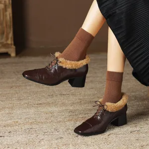 British Style Sheepskin Oxfords Shoes For Women with Wool Lined Block Heels in Coffee/Black