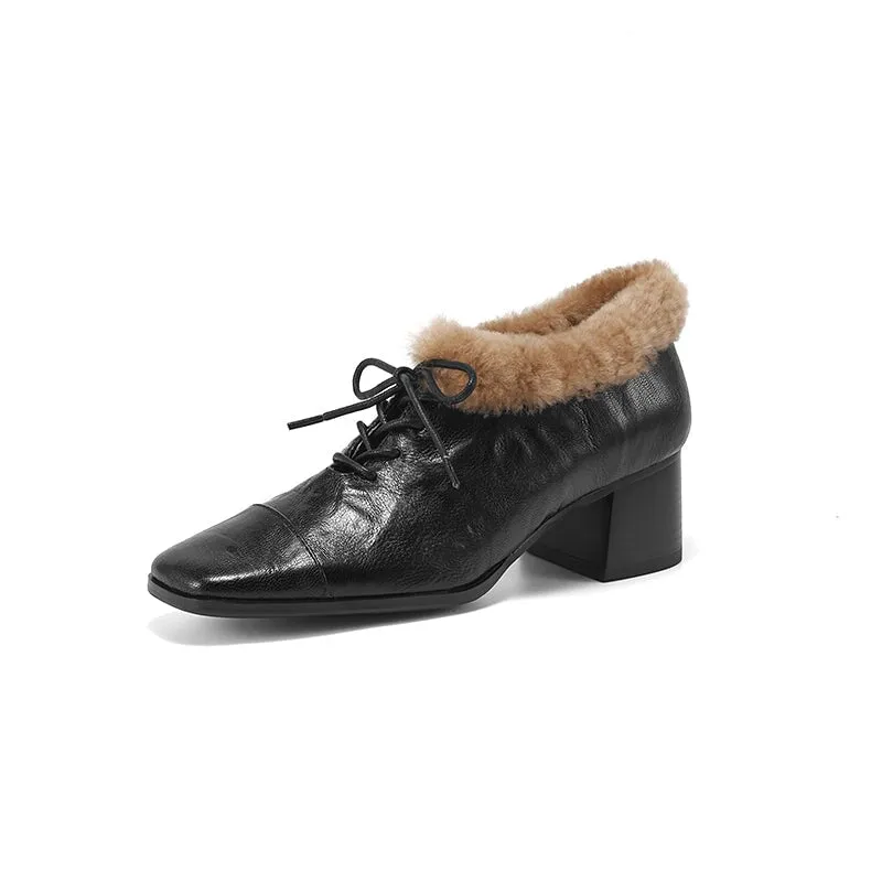 British Style Sheepskin Oxfords Shoes For Women with Wool Lined Block Heels in Coffee/Black