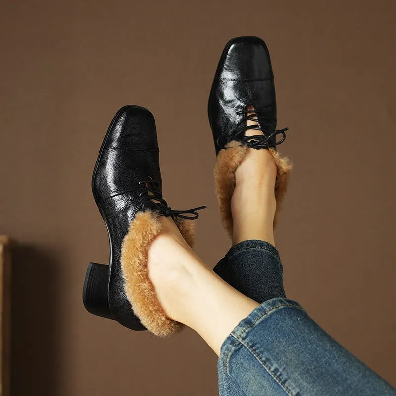 British Style Sheepskin Oxfords Shoes For Women with Wool Lined Block Heels in Coffee/Black