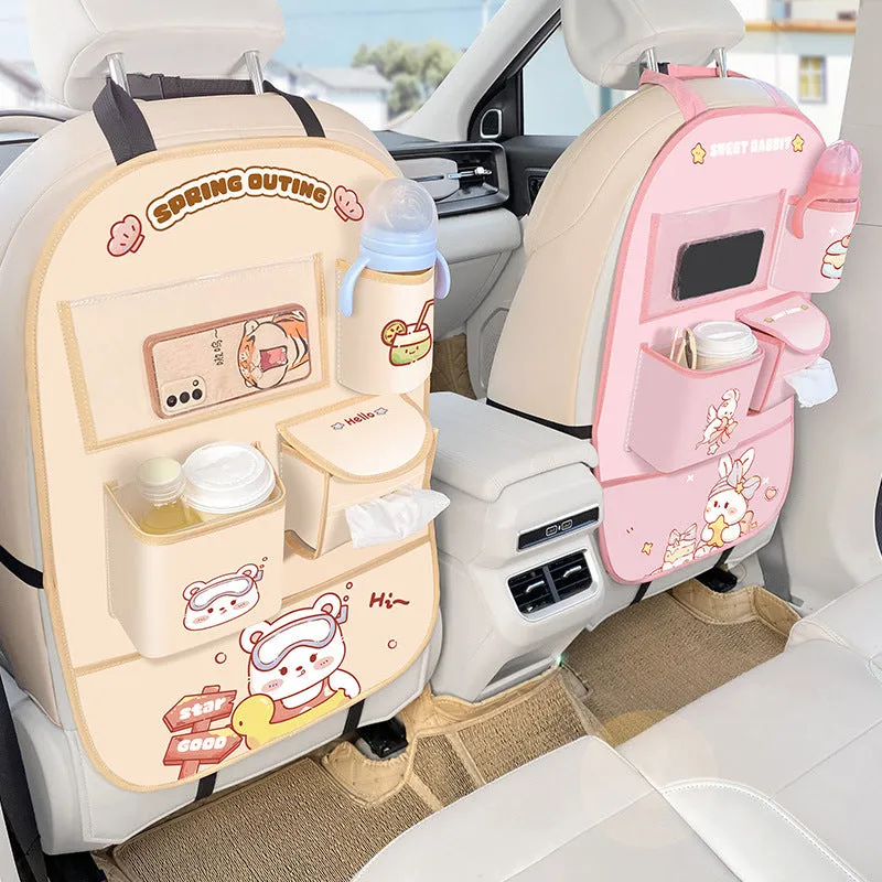 Car Seat Back Organizer & Kick Mat Cute, Waterproof & Multi-Pocket Storage