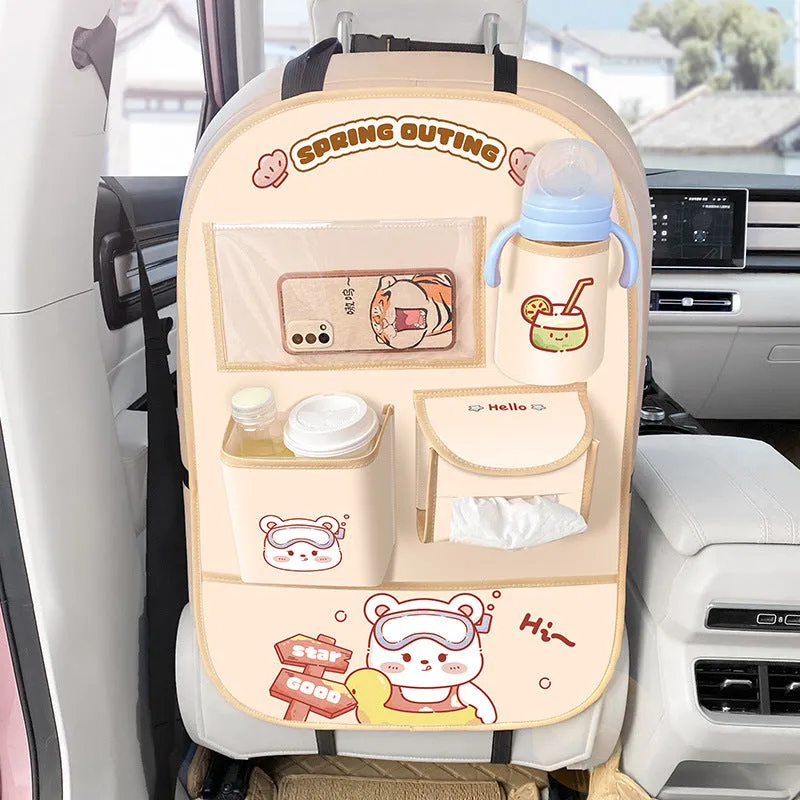 Car Seat Back Organizer & Kick Mat Cute, Waterproof & Multi-Pocket Storage