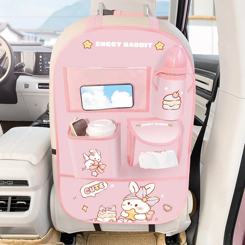 Car Seat Back Organizer & Kick Mat Cute, Waterproof & Multi-Pocket Storage