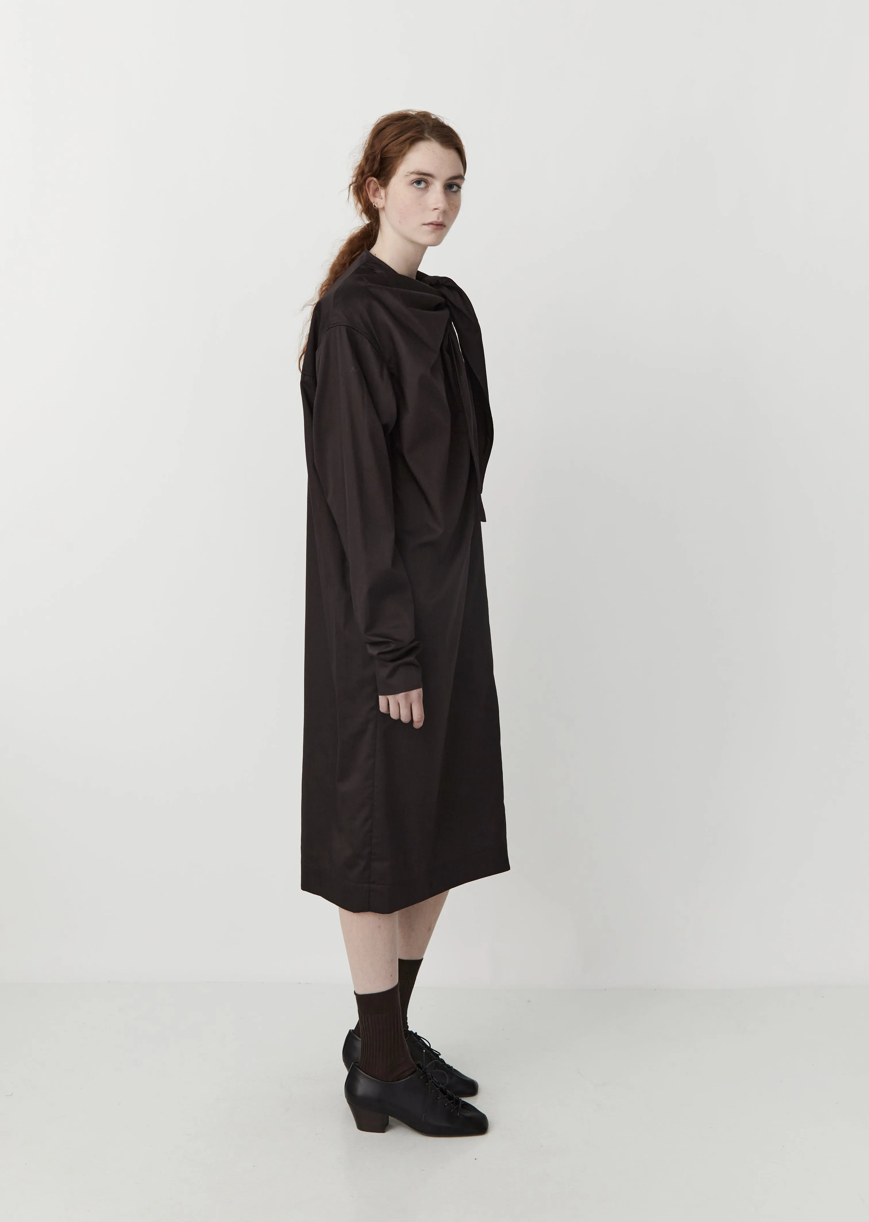 Cotton Satin Asymmetrical Dress with Tie — Midnight Brown