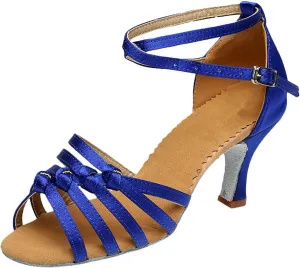 CsgrFagr Sandals for Womens Lace Up Latin Dance High Heels Shoes Rhinestone Heeled Ballroom Salsa Tango Party Sequin Dance Shoes Women Clear Sandals Heels (Blue, 6.5)