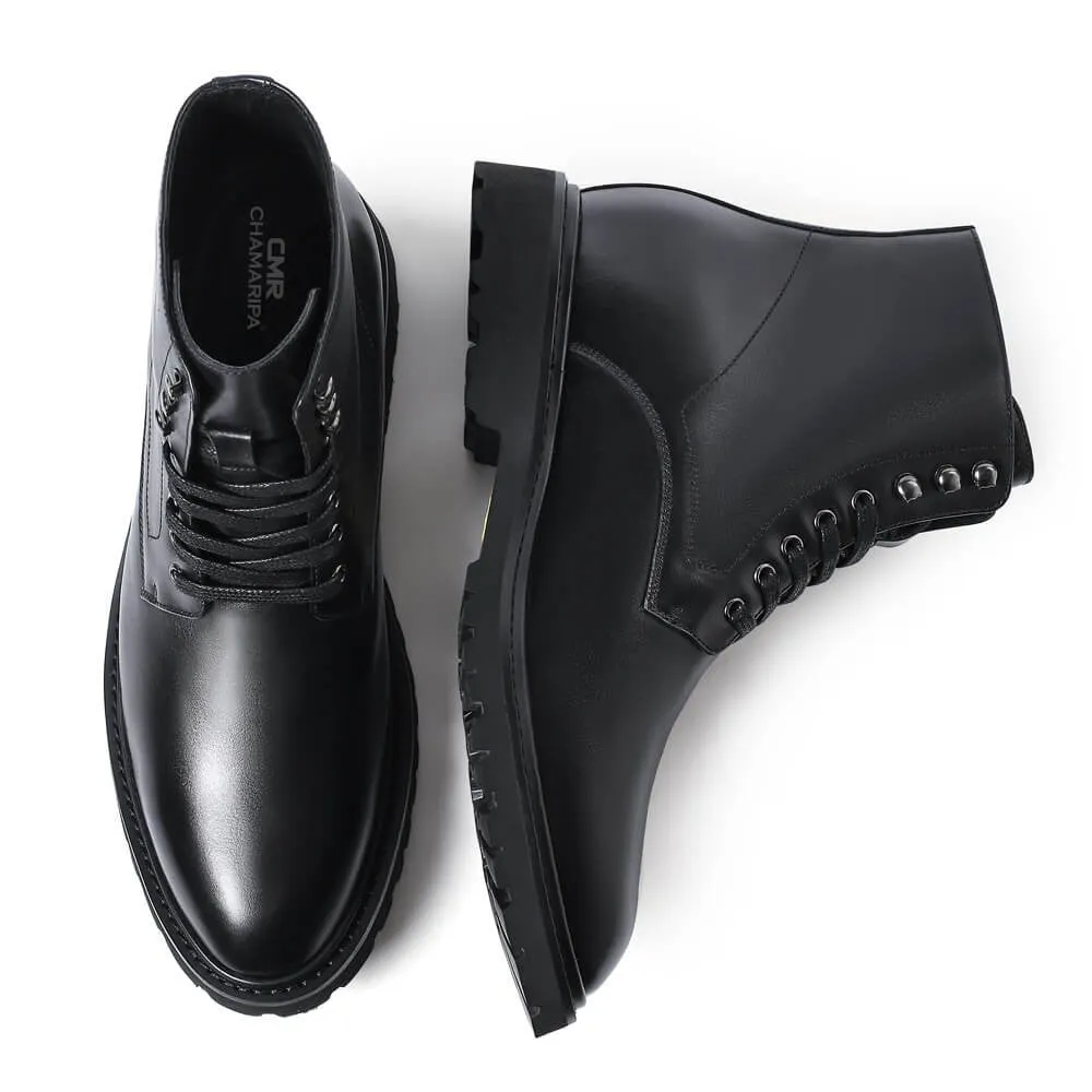 Custom-9 CM / 3.54 Inches CMR CHAMARIPA Elevator Work Boots - Black Leather Height-Increasing Boots