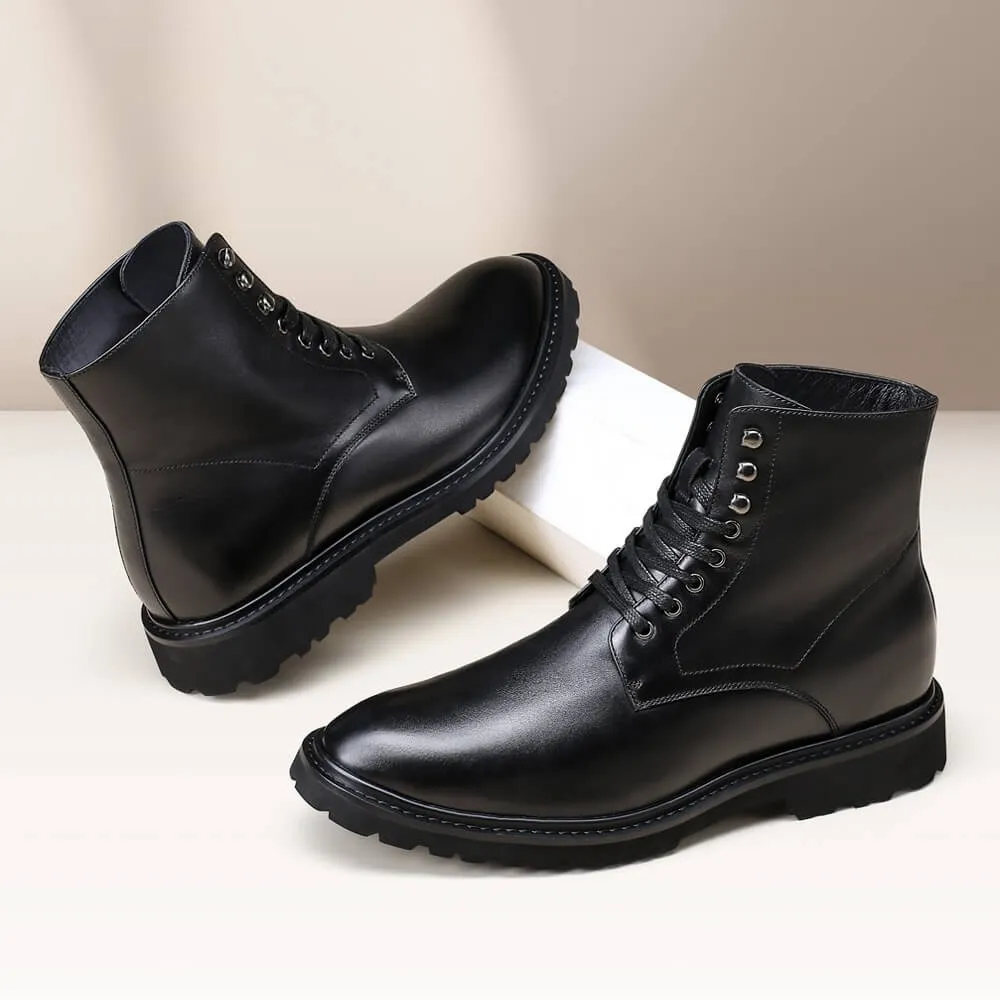 Custom-9 CM / 3.54 Inches CMR CHAMARIPA Elevator Work Boots - Black Leather Height-Increasing Boots