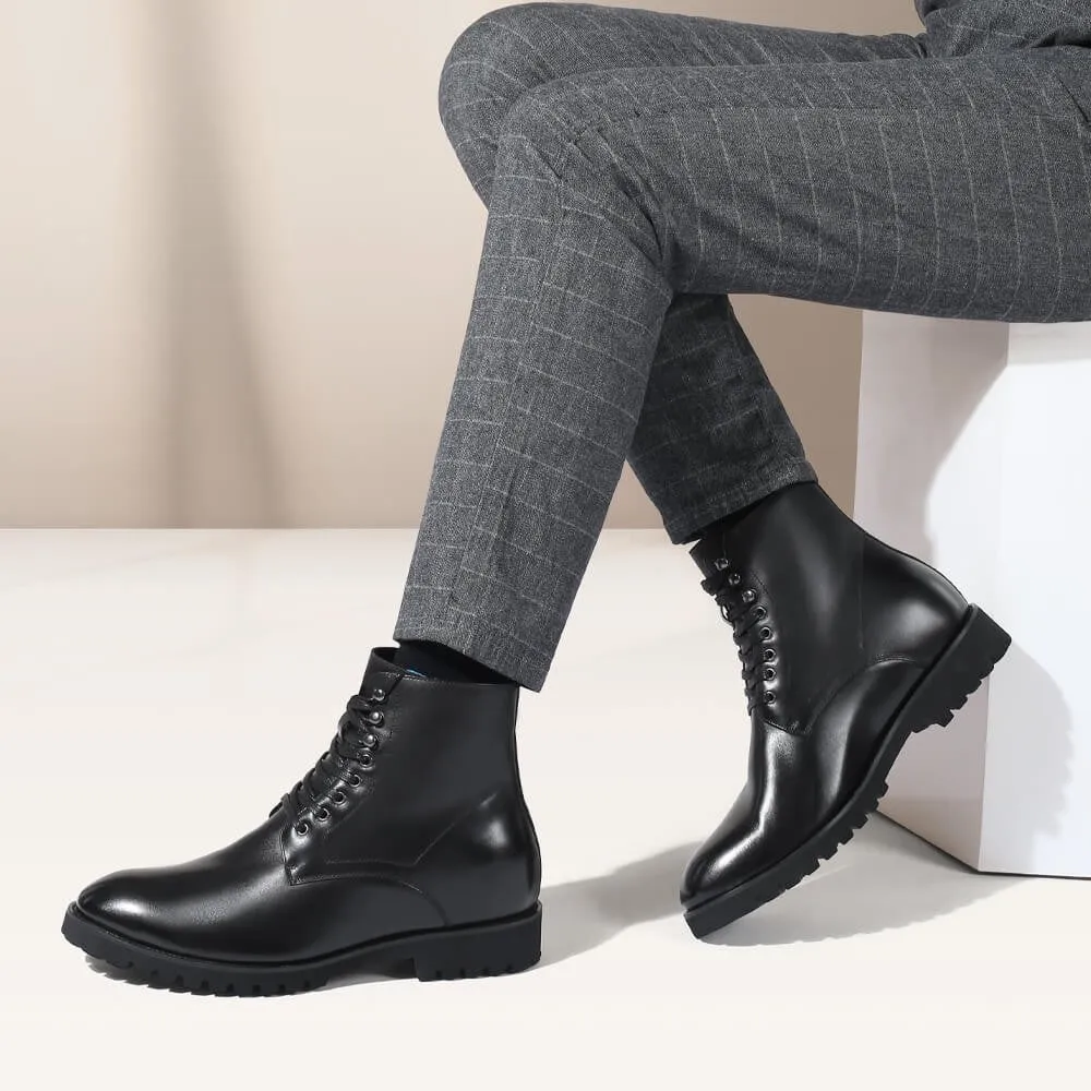 Custom-9 CM / 3.54 Inches CMR CHAMARIPA Elevator Work Boots - Black Leather Height-Increasing Boots