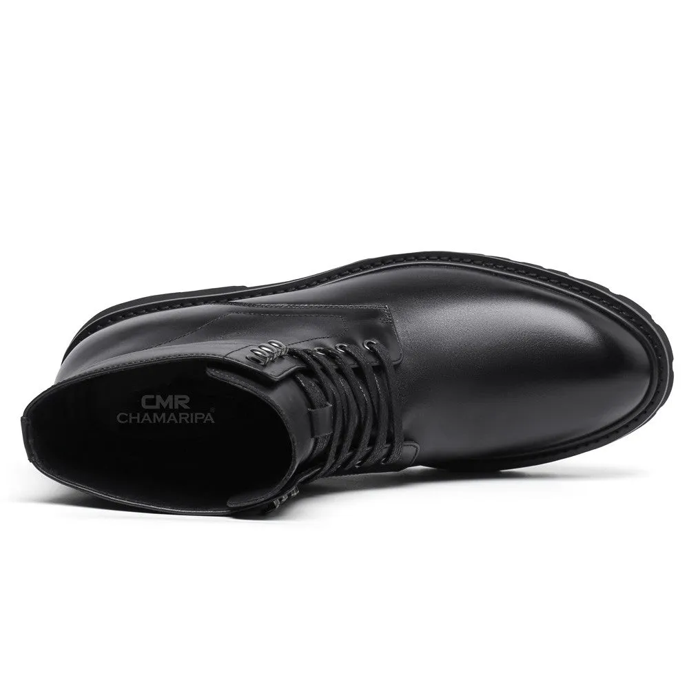 Custom-9 CM / 3.54 Inches CMR CHAMARIPA Elevator Work Boots - Black Leather Height-Increasing Boots