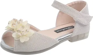 EnJoCho 1-7 Years Girl Rhinestone Flower Shoes Low Heel Princess Shoes Flower Wedding Party Dress Pump Shoes for Kid Toddler (Beige, 3 Years)