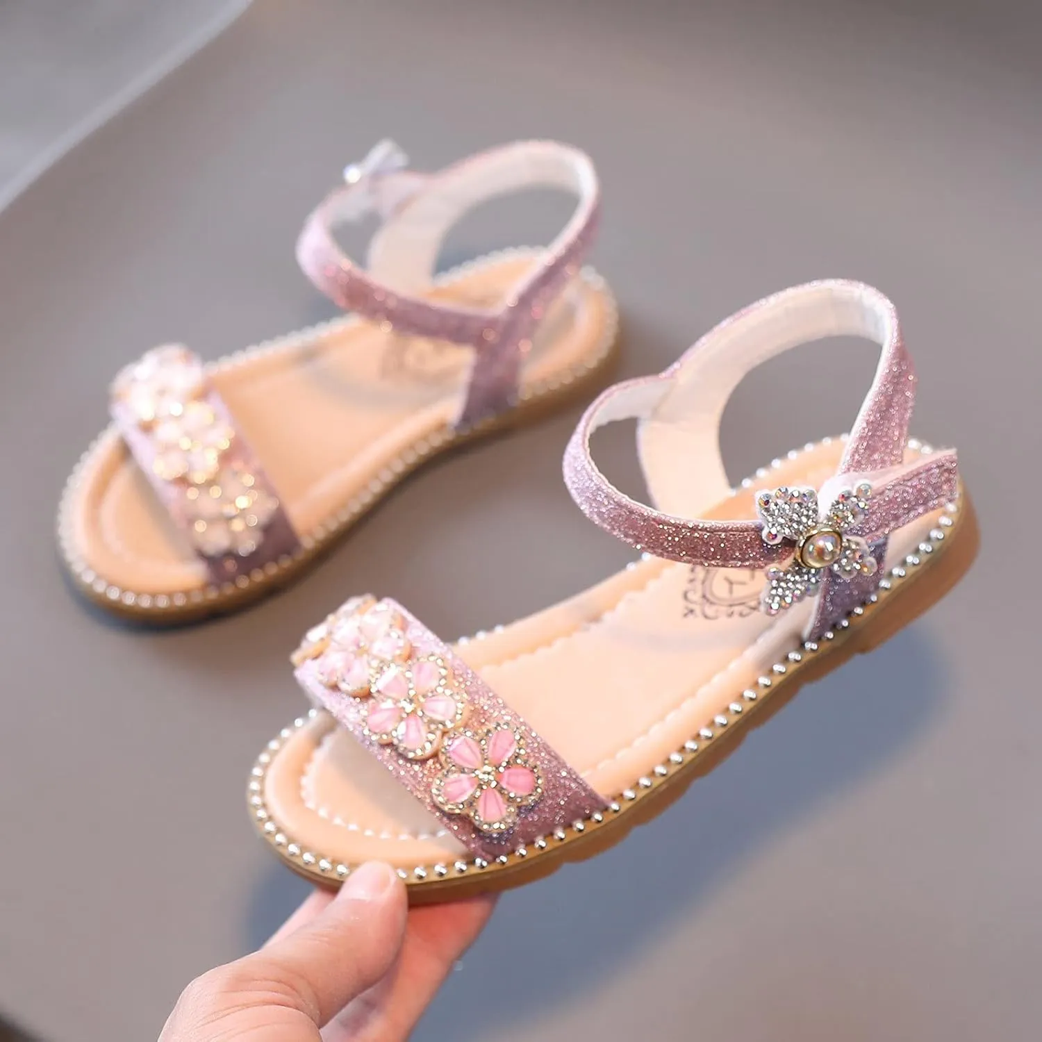 EnJoCho Girls Casual Shoes Open Toe Low Heel Dress Sandals Flower Girls Wedding Party Shoes for Toddler Little Kid Big Kid (Pink-07#F, 3-3.5Years)
