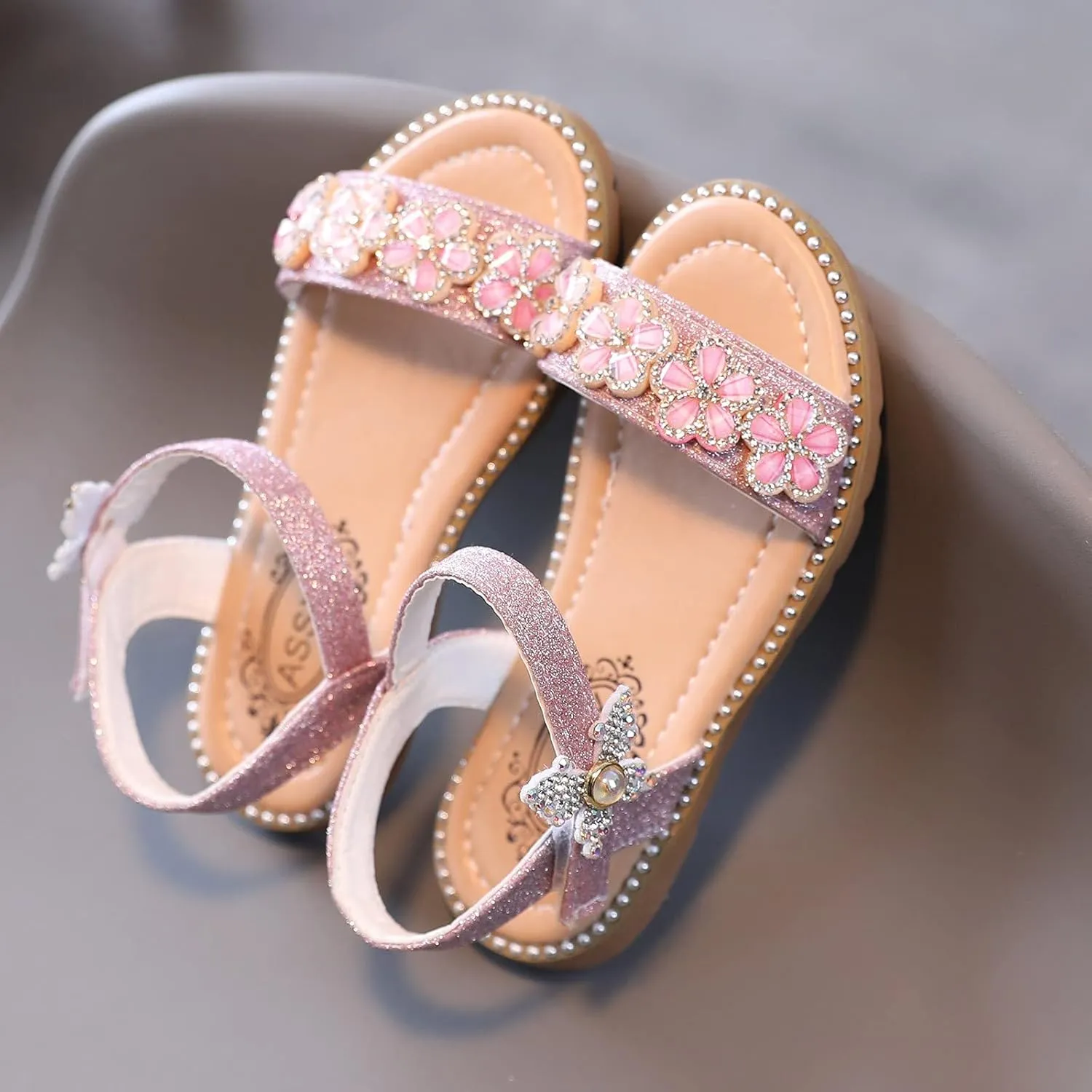 EnJoCho Girls Casual Shoes Open Toe Low Heel Dress Sandals Flower Girls Wedding Party Shoes for Toddler Little Kid Big Kid (Pink-07#F, 3-3.5Years)