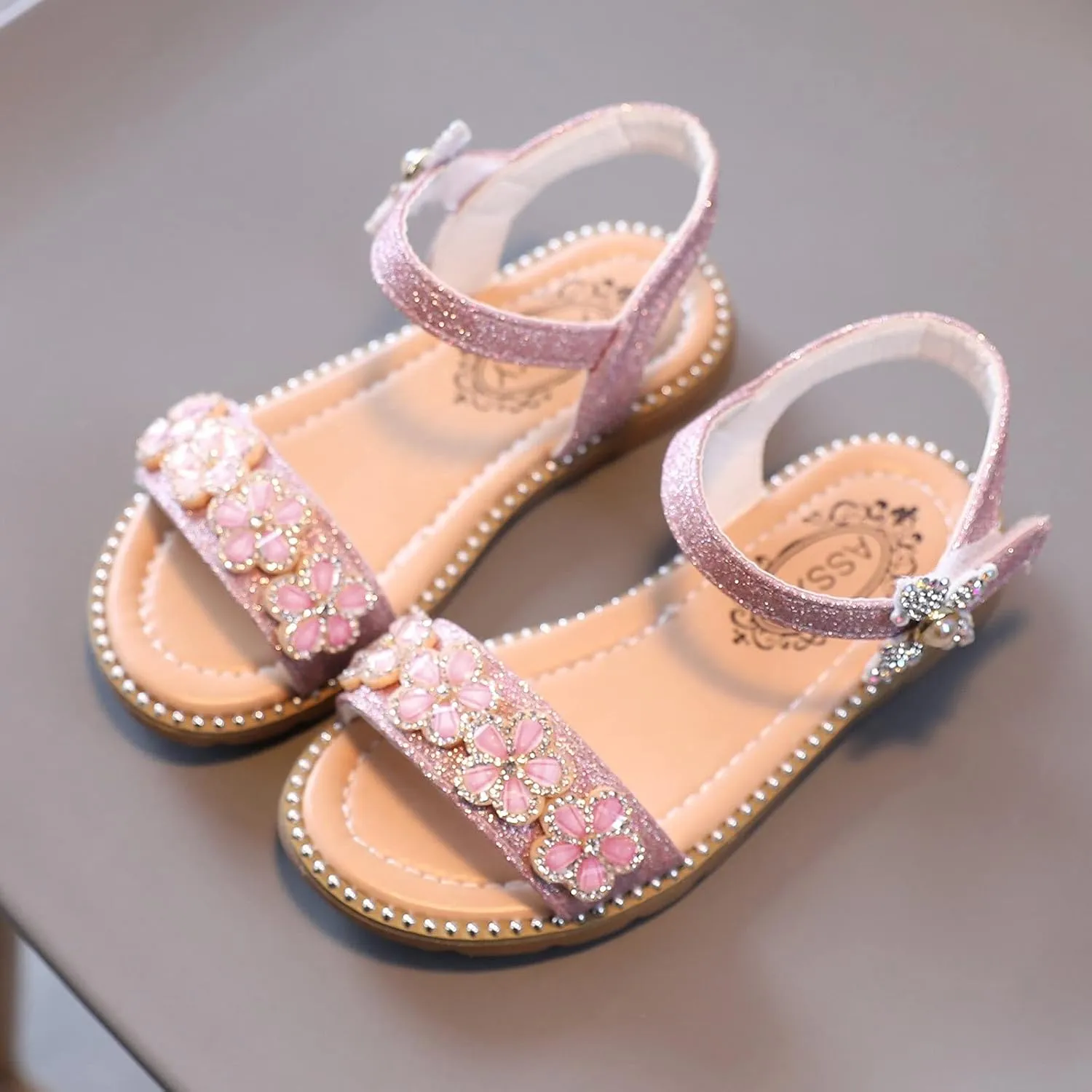 EnJoCho Girls Casual Shoes Open Toe Low Heel Dress Sandals Flower Girls Wedding Party Shoes for Toddler Little Kid Big Kid (Pink-07#F, 3-3.5Years)