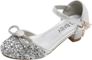 EnJoCho Kid Toddler Girl Glitter Crystal Shoes Low Heel Princess Flower Wedding Party Dress Pump Shoes Bowknot Dance Sandals (Silver-03#g, 5-5.5Years)