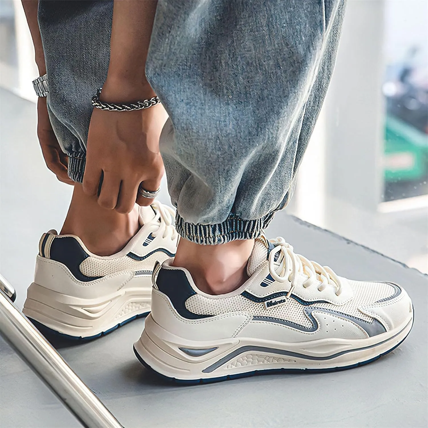 Exusiai Mens Fashion Streetwear Shoes Casual Non Slip Lace-Up Walking Chunky Sneakers Outdoor White Comfortable Breathable Dad Shoes