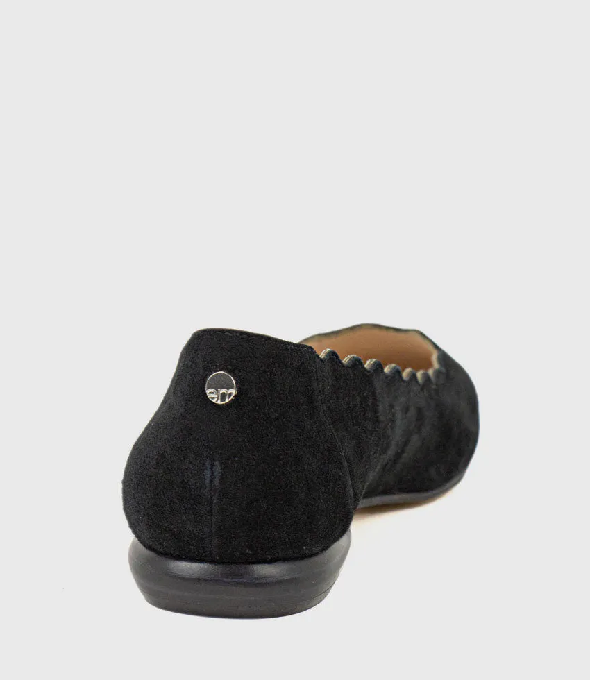FARA Scalloped Ballet Flat in Black Suede