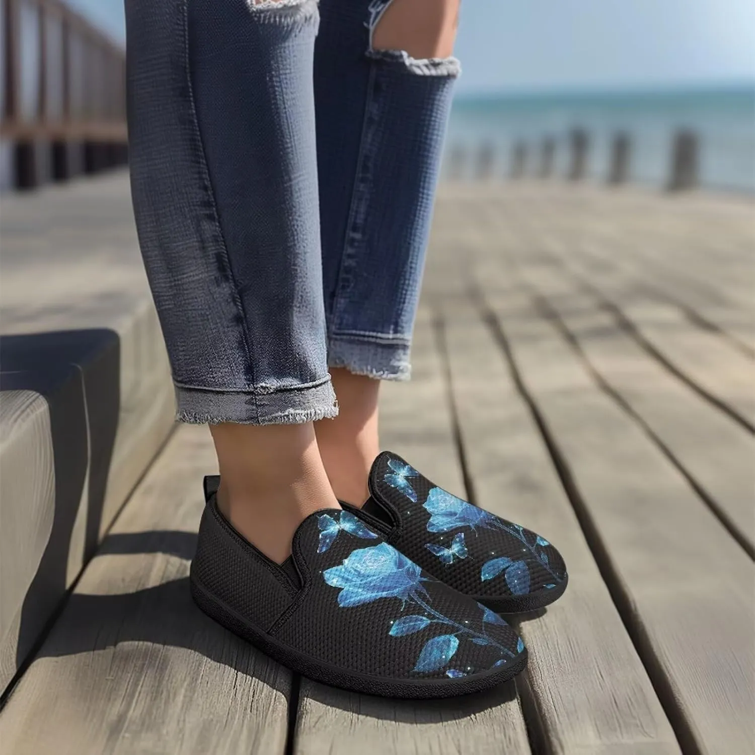 Fashion Soft House Loafers Elastic Comfort Tennis Workout Shoes Womens Breathable Lightweight Slip On Sneakers for Walking US 6-11 Black Sole