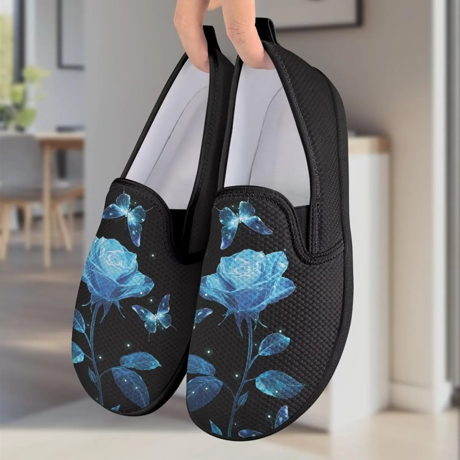 Fashion Soft House Loafers Elastic Comfort Tennis Workout Shoes Womens Breathable Lightweight Slip On Sneakers for Walking US 6-11 Black Sole