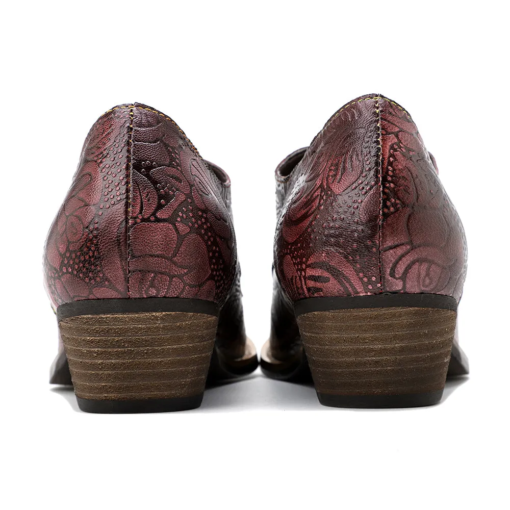 Genuine Leather Block Brogue-Detail Floral Embossed  Oxford Heel Shoes- Soffia