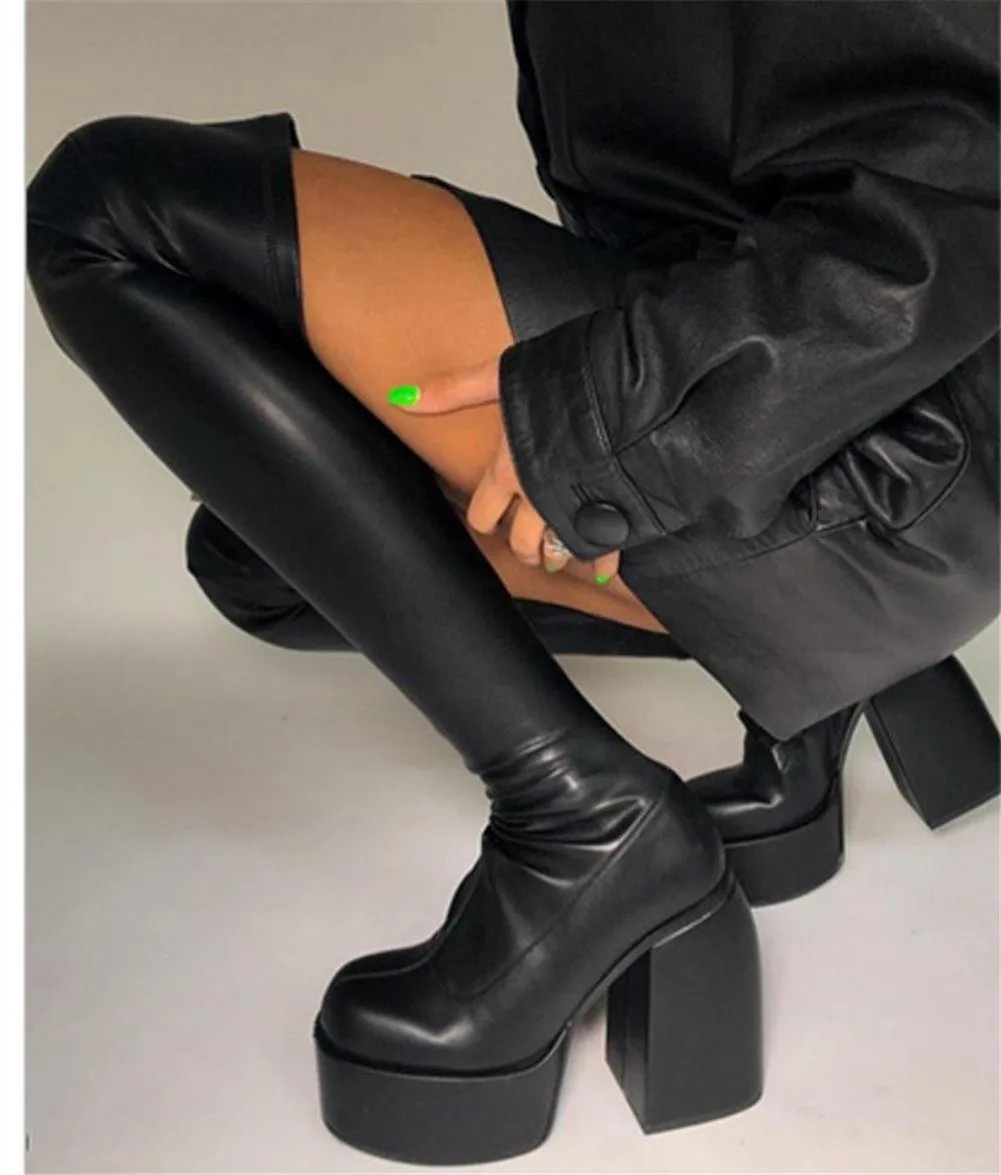 GIGIFOX Sexy Party Big Size 43 Chunky High Heels Platform Goth Black Women Boots Brand Design Fashion Luxury Shoes Boots Women