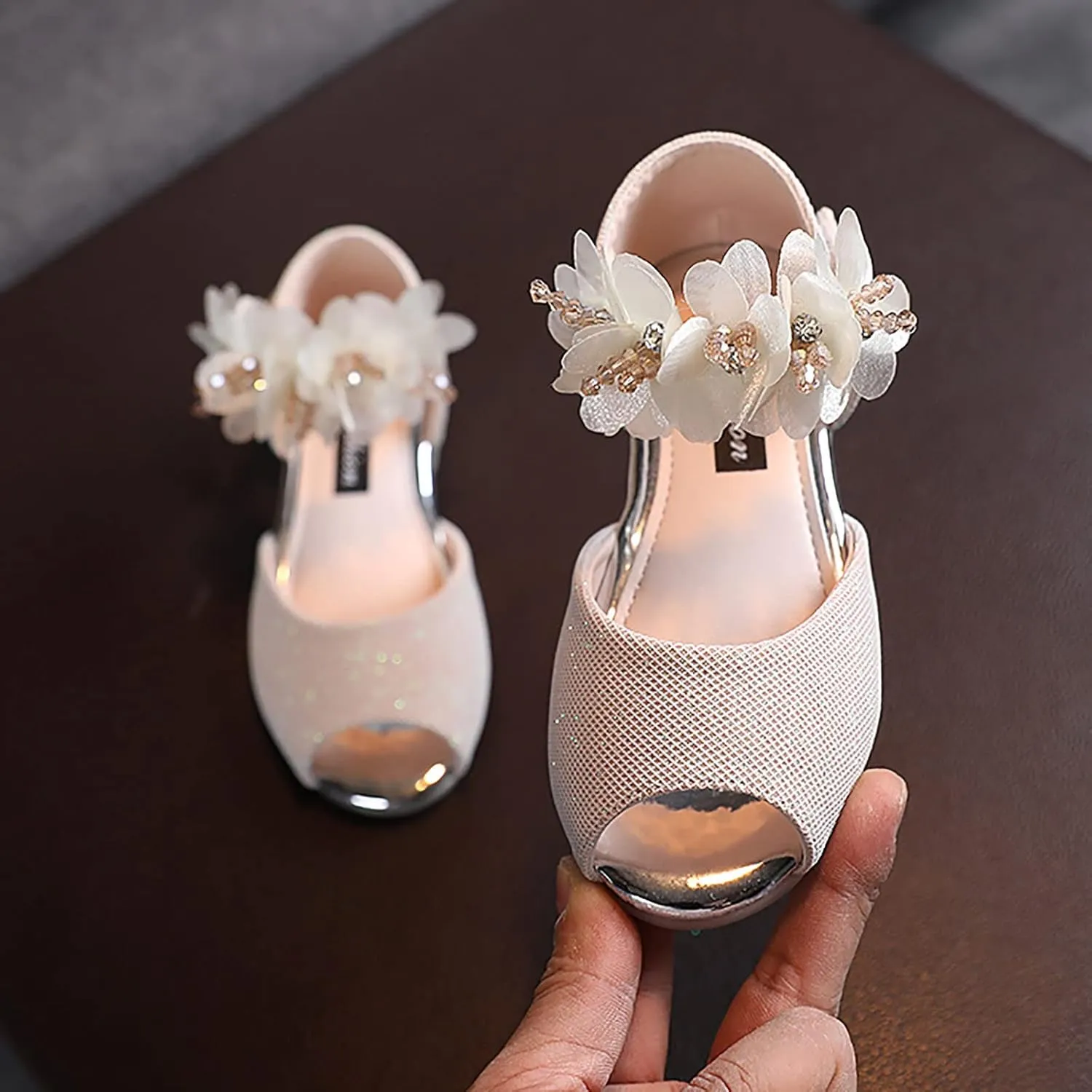Girls Rhinestone Flower Shoes Low Heel Flower Wedding Party Dress Pump Shoes Princess Shoes for 1-7Years (Beige, 3 Years)