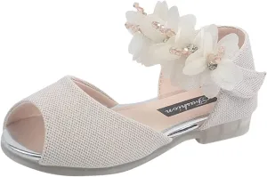 Girls Rhinestone Flower Shoes Low Heel Flower Wedding Party Dress Pump Shoes Princess Shoes for 1-7Years (Beige, 3 Years)