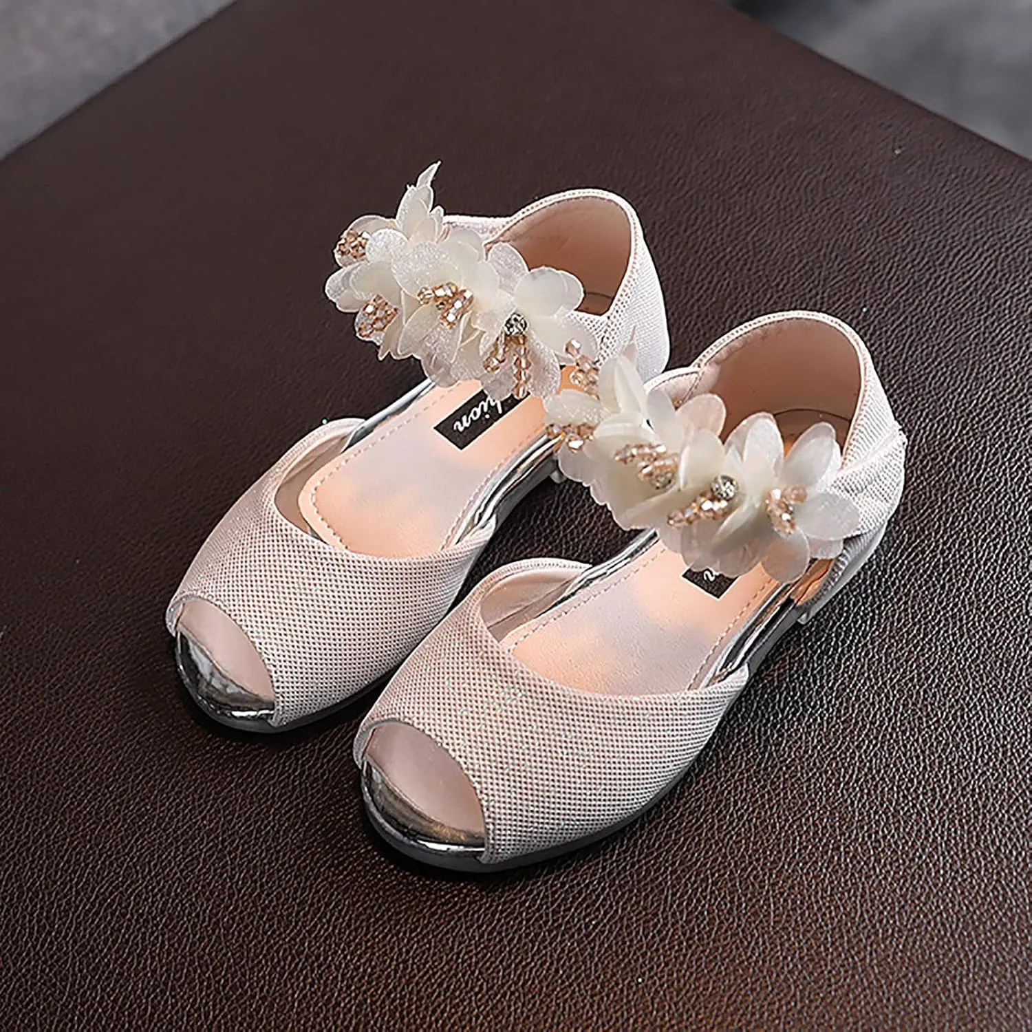 Girls Rhinestone Flower Shoes Low Heel Flower Wedding Party Dress Pump Shoes Princess Shoes for 1-7Years (Beige, 3 Years)