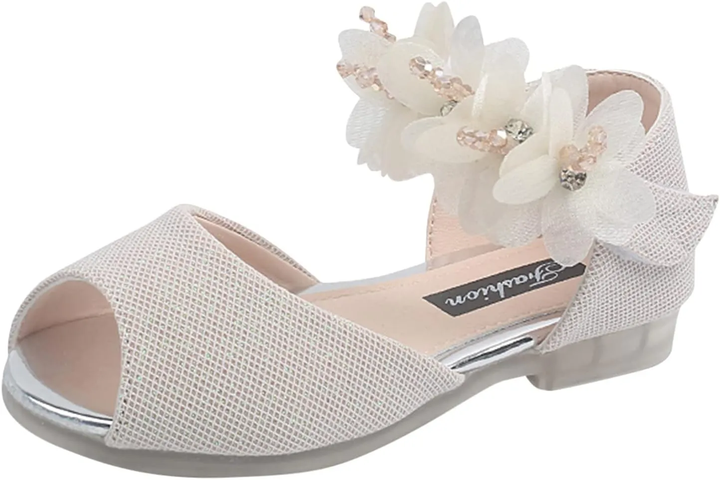 Girls Rhinestone Flower Shoes Low Heel Flower Wedding Party Dress Pump Shoes Princess Shoes for 1-7Years (Beige, 3 Years)