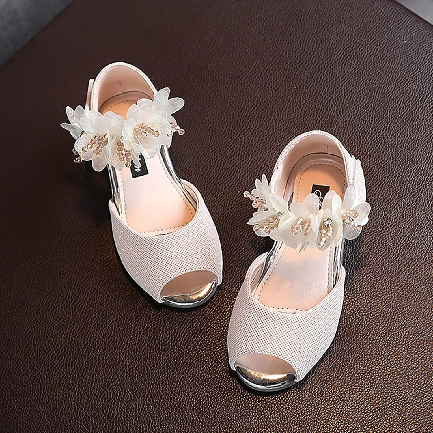 Girls Rhinestone Flower Shoes Low Heel Flower Wedding Party Dress Pump Shoes Princess Shoes for 1-7Years (Beige, 3 Years)